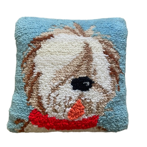 Other - VINTAGE SHAG THROW PILLOW Latch Hook Yarn Sheepdog dog  Completed